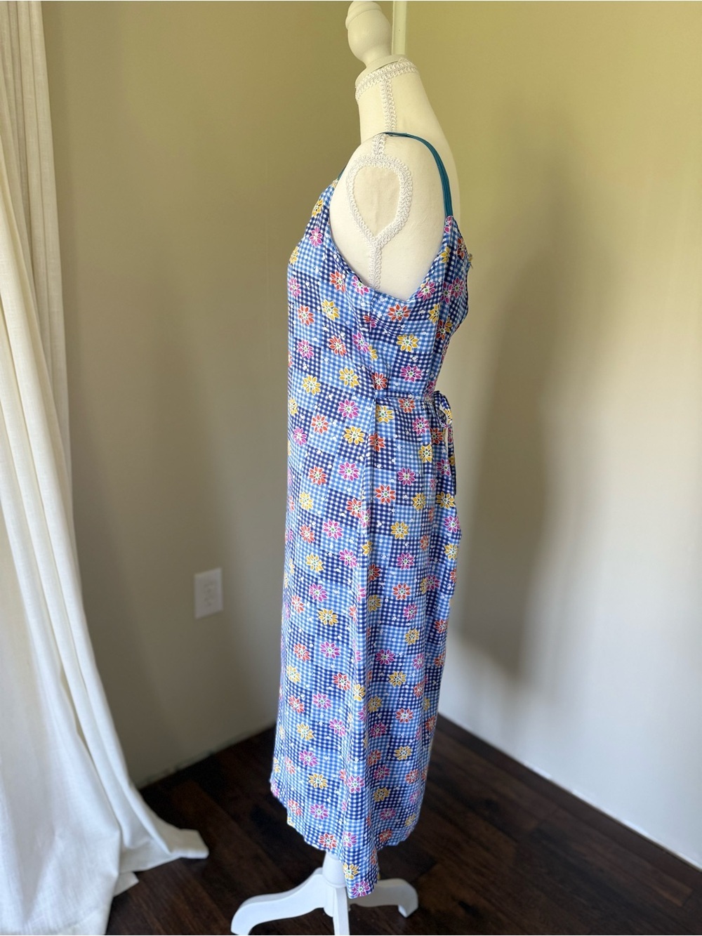 Truly Vintage Sundress Blue Gingham Floral Sun Dress AKR Brand One Size Ribbon - Picture 4 of 7